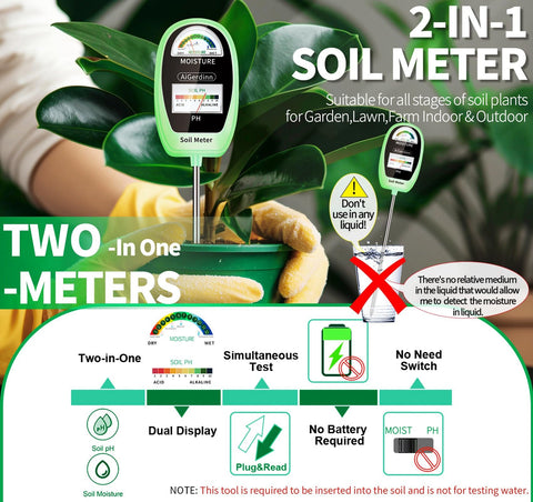 AiGerdinn soil test kit dual-dial close-up showing moisture and pH scales.