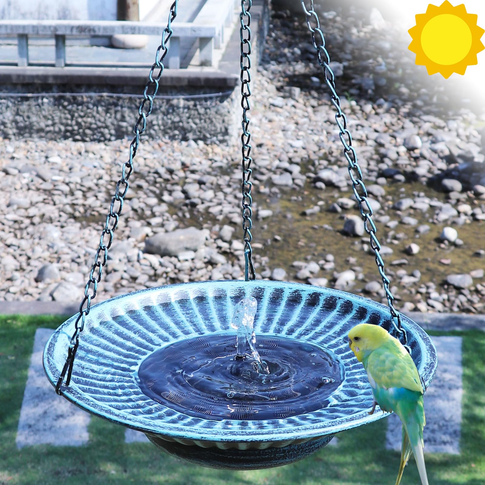 AIHAOKAN solar powered bird bath pump shown attached to the metal basin