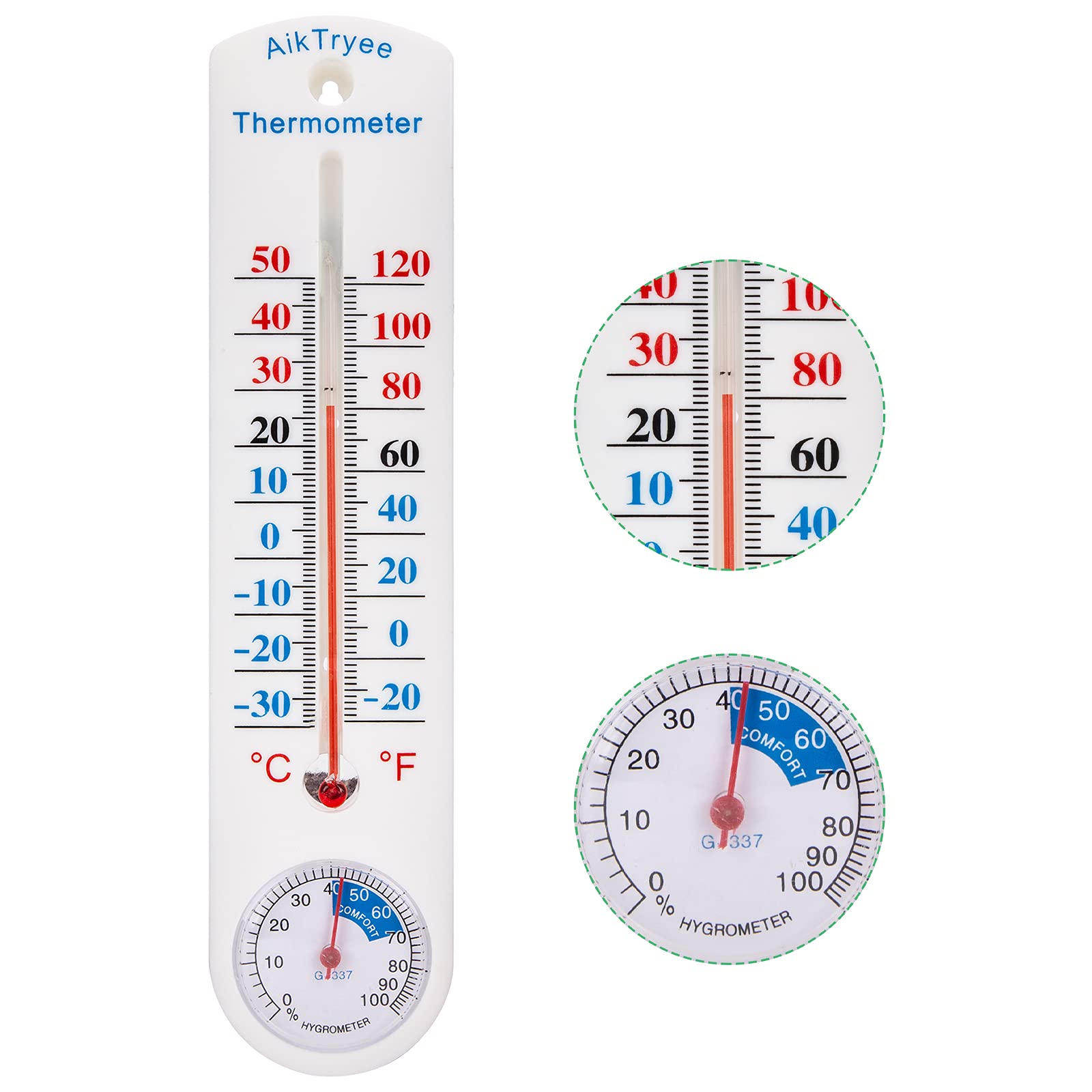 AikTryee temperature humidity dual-gauge reads both metrics at a glance for easy monitoring.