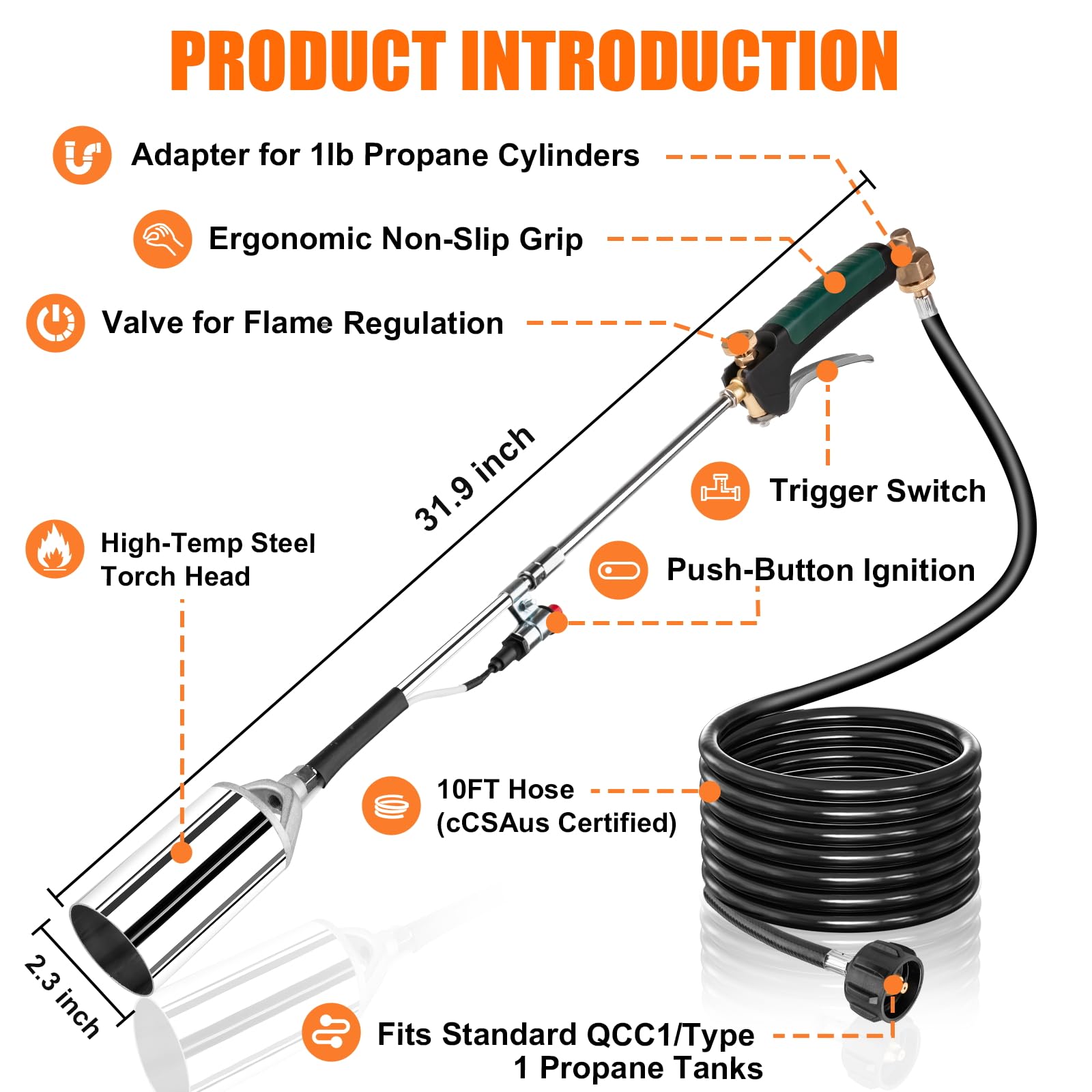 Aikyciu torch with push-button ignition for instant outdoor starts.