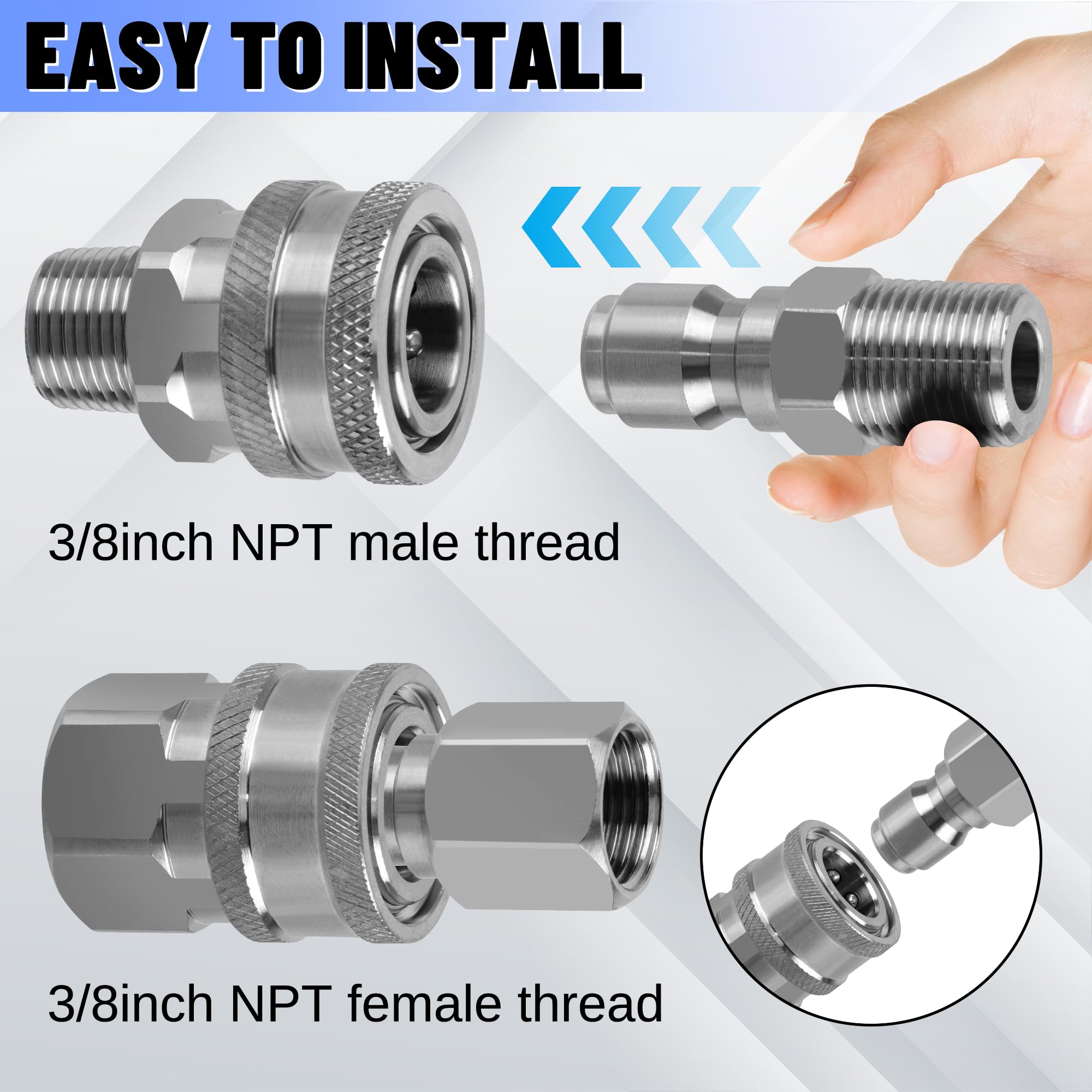 Ailbiuko stainless steel pressure washer adapter set resists rust and wear.