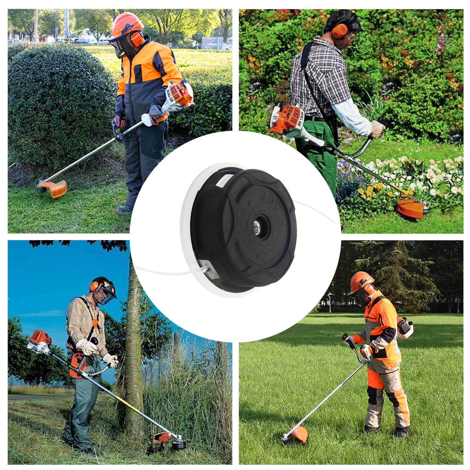 AILEETE C26-2 head fitted on Stihl models indicating broad compatibility.