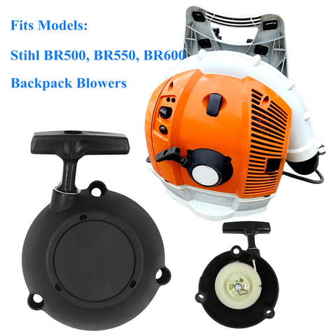 Demonstration of compatibility between AILEETE recoil starter and Stihl backpack blowers.