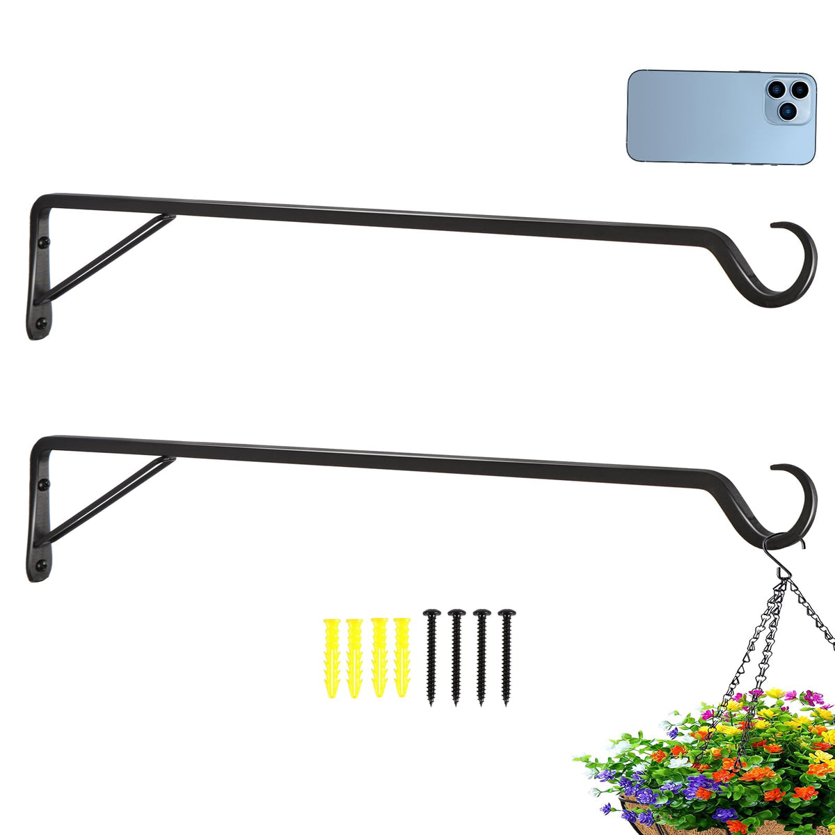 AILIN YELOKIE 25-inch plant hanger showcases rust-resistant steel for outdoor use with heavy baskets.
