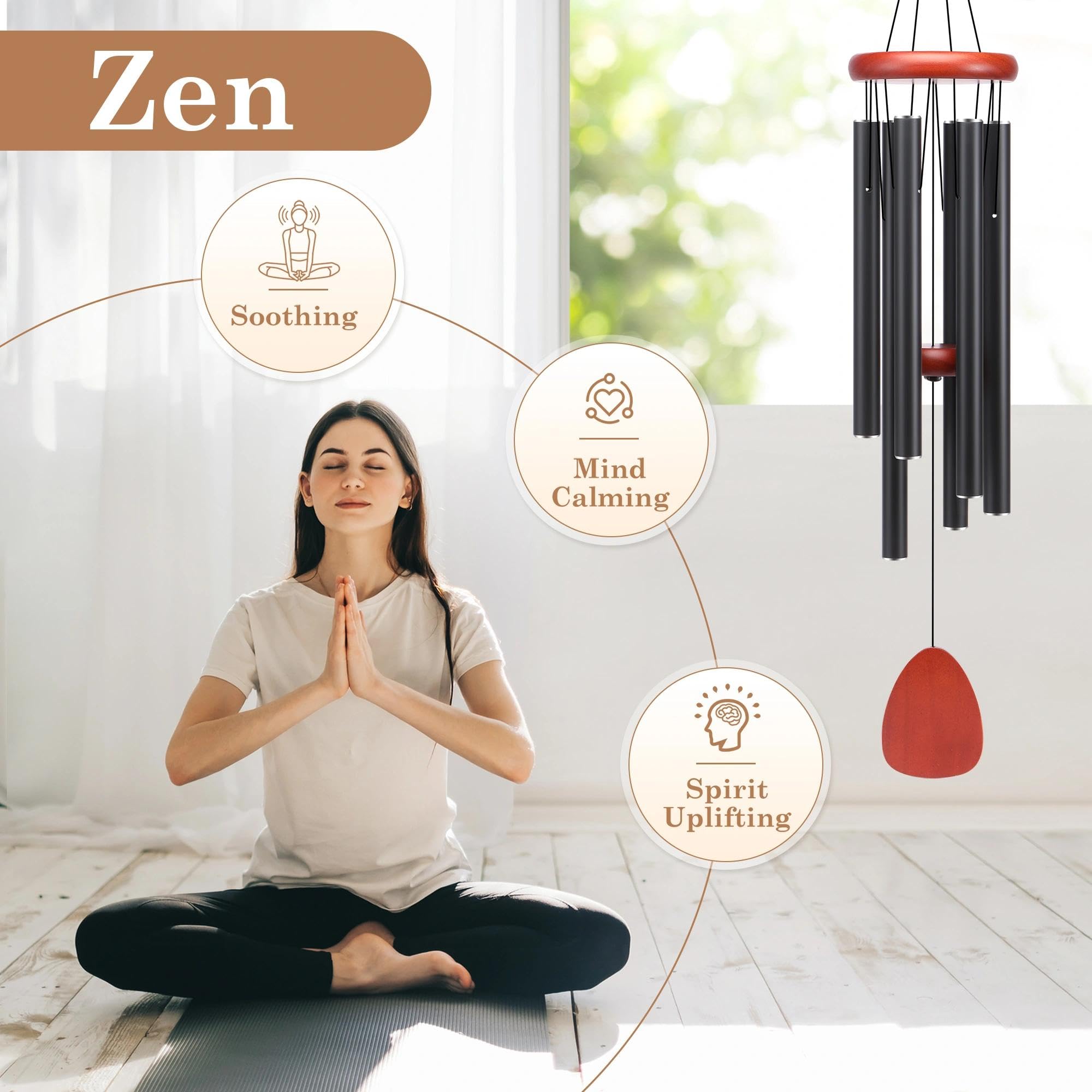 AILUOQI classic black wind chimes outdoor patio scene delivers a gentle soundscape.