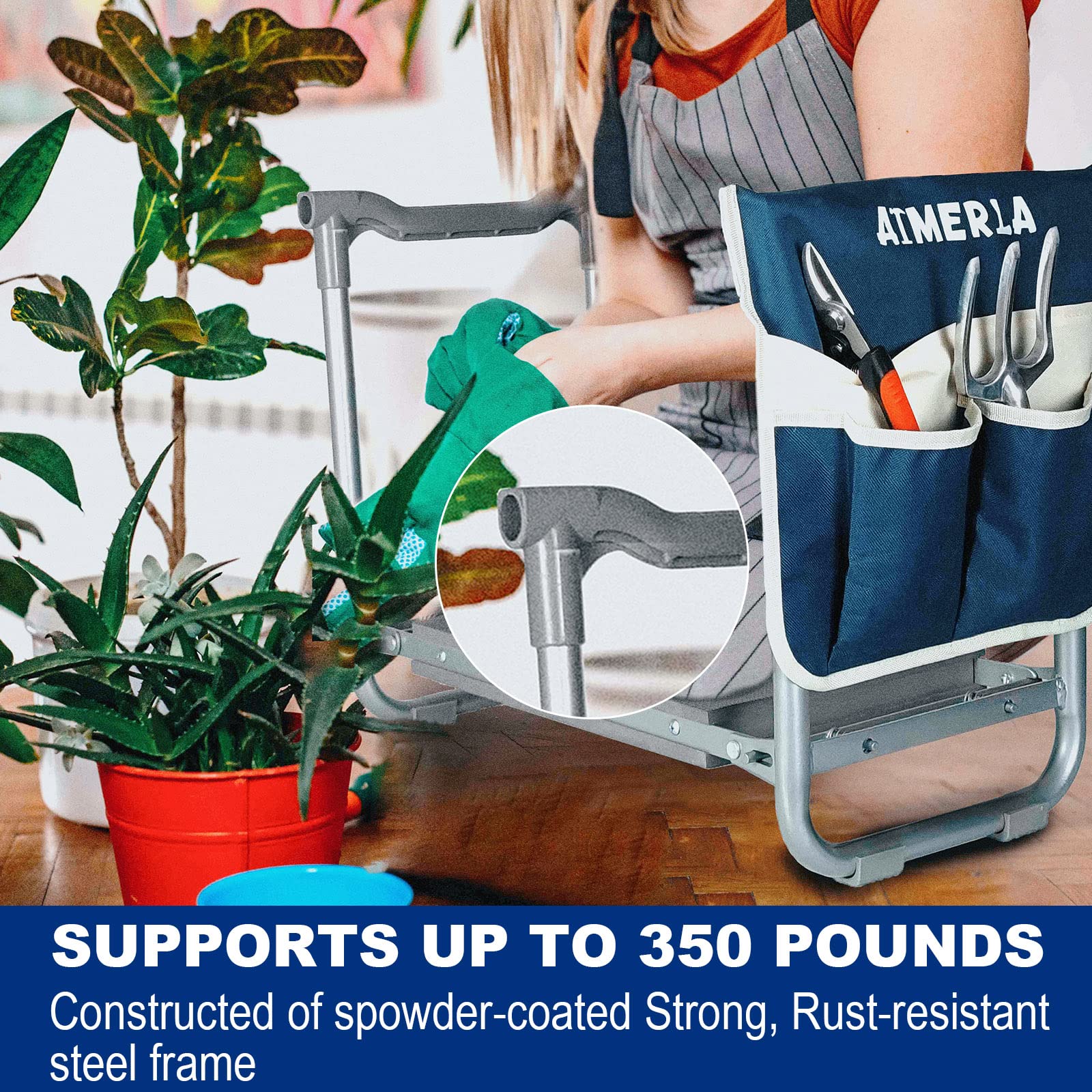 Aimerla kneeler in use while pruning shows stability and reach.