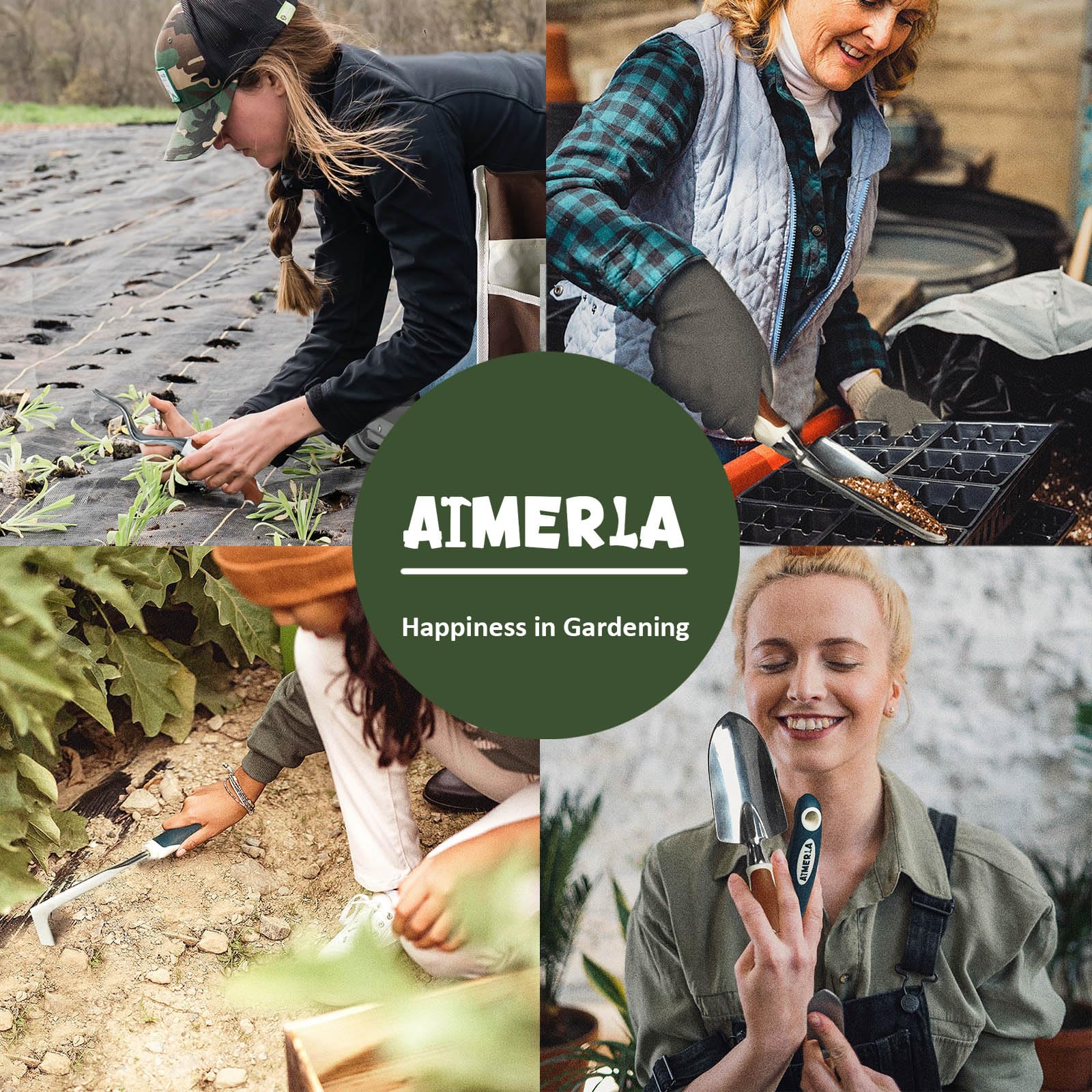 Aimerla demonstrates gardening with tools for weeding and planting