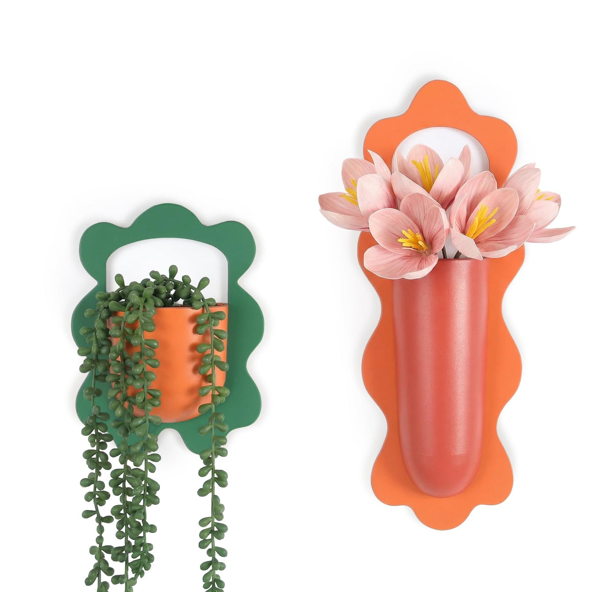 AimtoHome metal wall planter with orange frame and wavy edge adds bold color to walls.