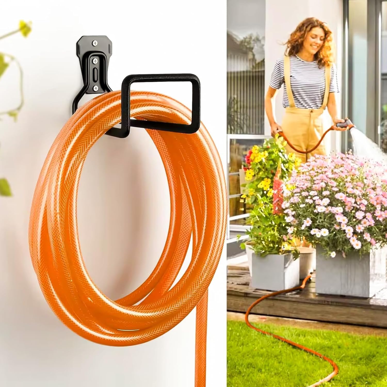 AinDen wall-mounted hose storage unit prevents kinks and twists for longer hose life.