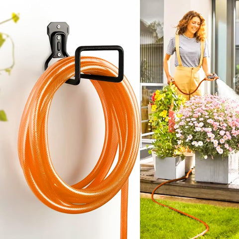 AinDen wall-mounted hose storage unit prevents kinks and twists for longer hose life.