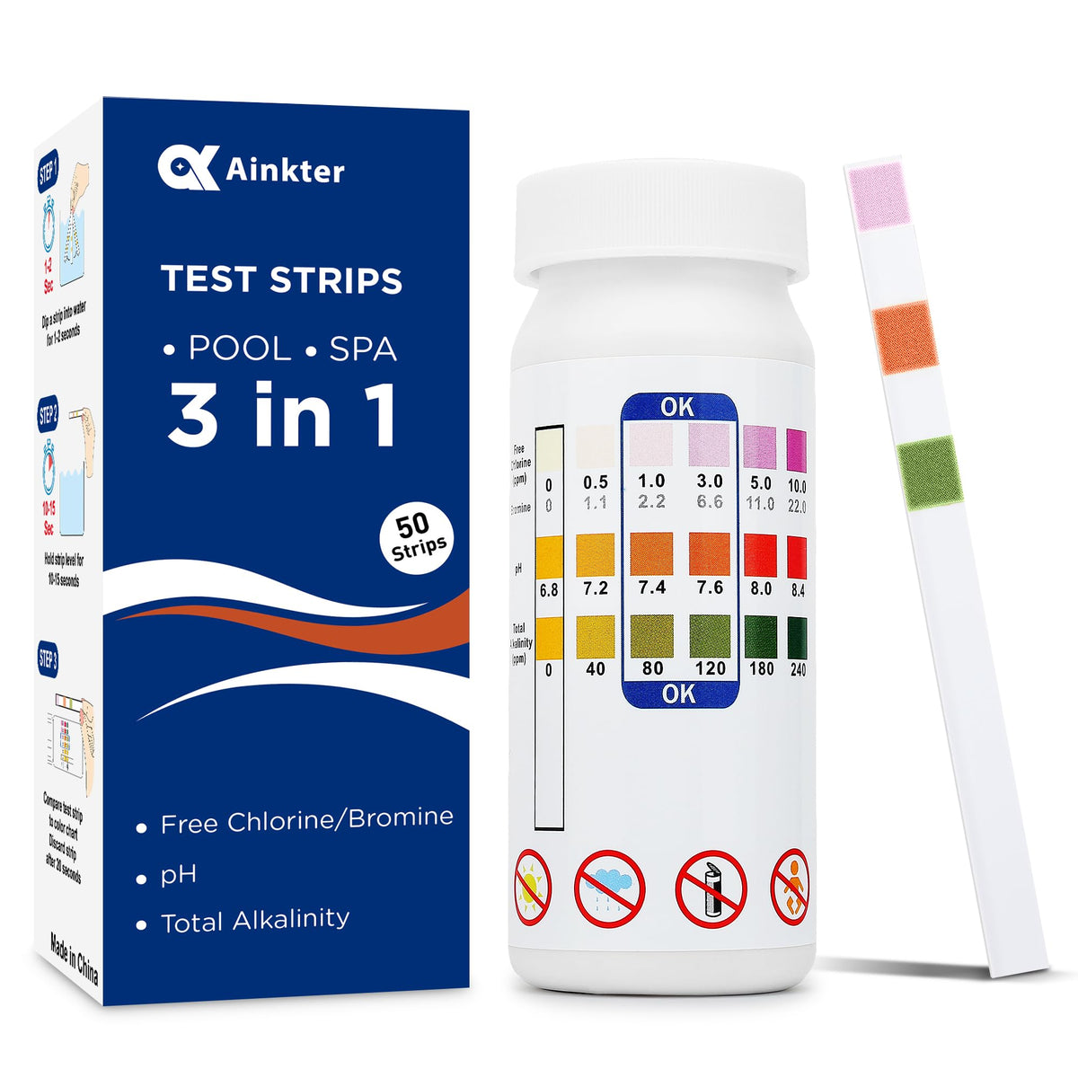 Ainkter Pool Test Strips bottle with color chart for quick readings