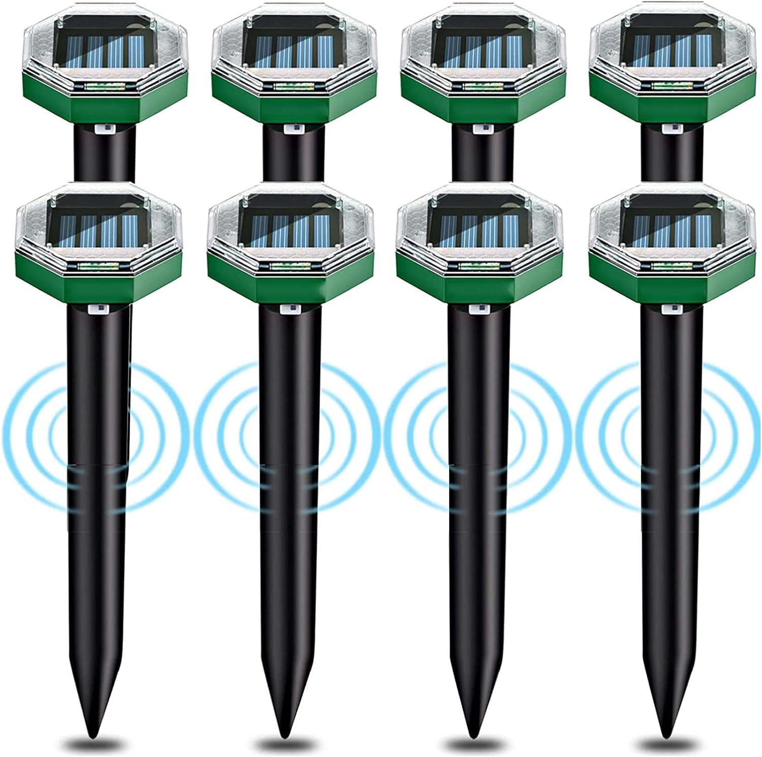 Ainneie Solar-Powered Mole Deterrent 8-pack packaging highlights eco-friendly protection for lawns.
