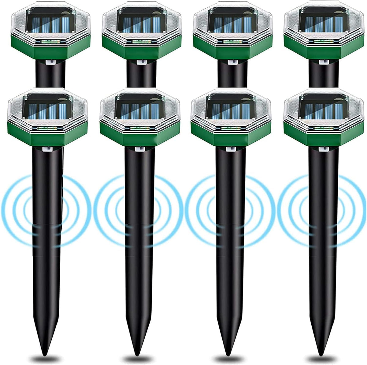 Ainneie Solar-Powered Mole Deterrent 8-pack packaging highlights eco-friendly protection for lawns.