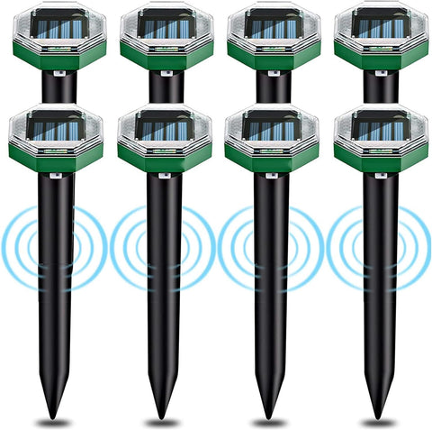 Ainneie Solar-Powered Mole Deterrent 8-pack packaging highlights eco-friendly protection for lawns.