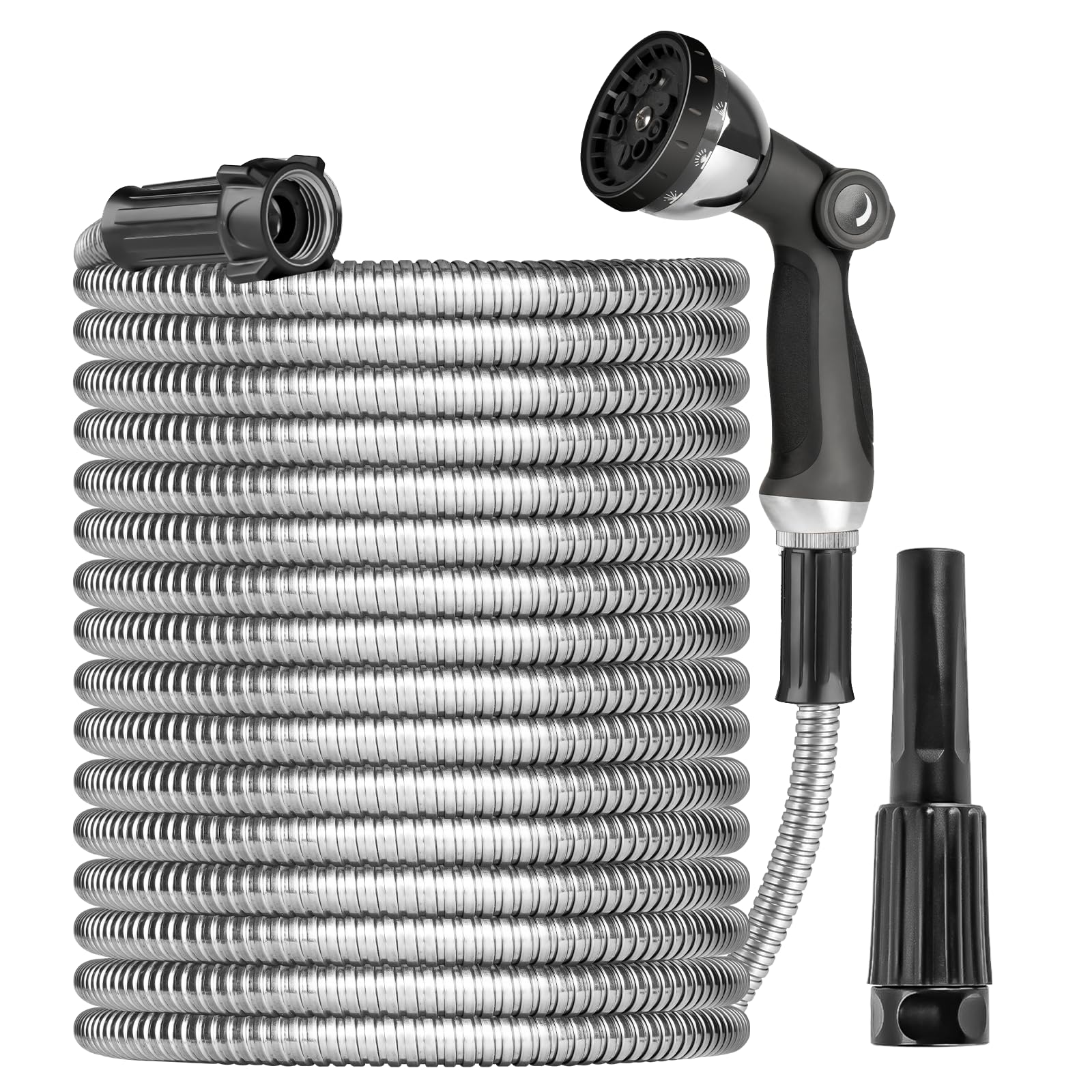 Ainpota metal garden hose exterior view highlights durable stainless steel construction for long-lasting use.
