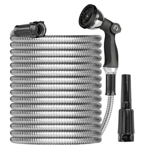Ainpota metal garden hose exterior view highlights durable stainless steel construction for long-lasting use.