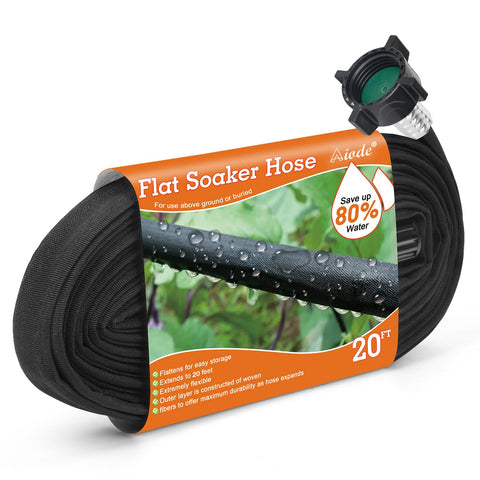 AIODE flat soaker hose 20ft overview for efficient garden irrigation and root moisture.