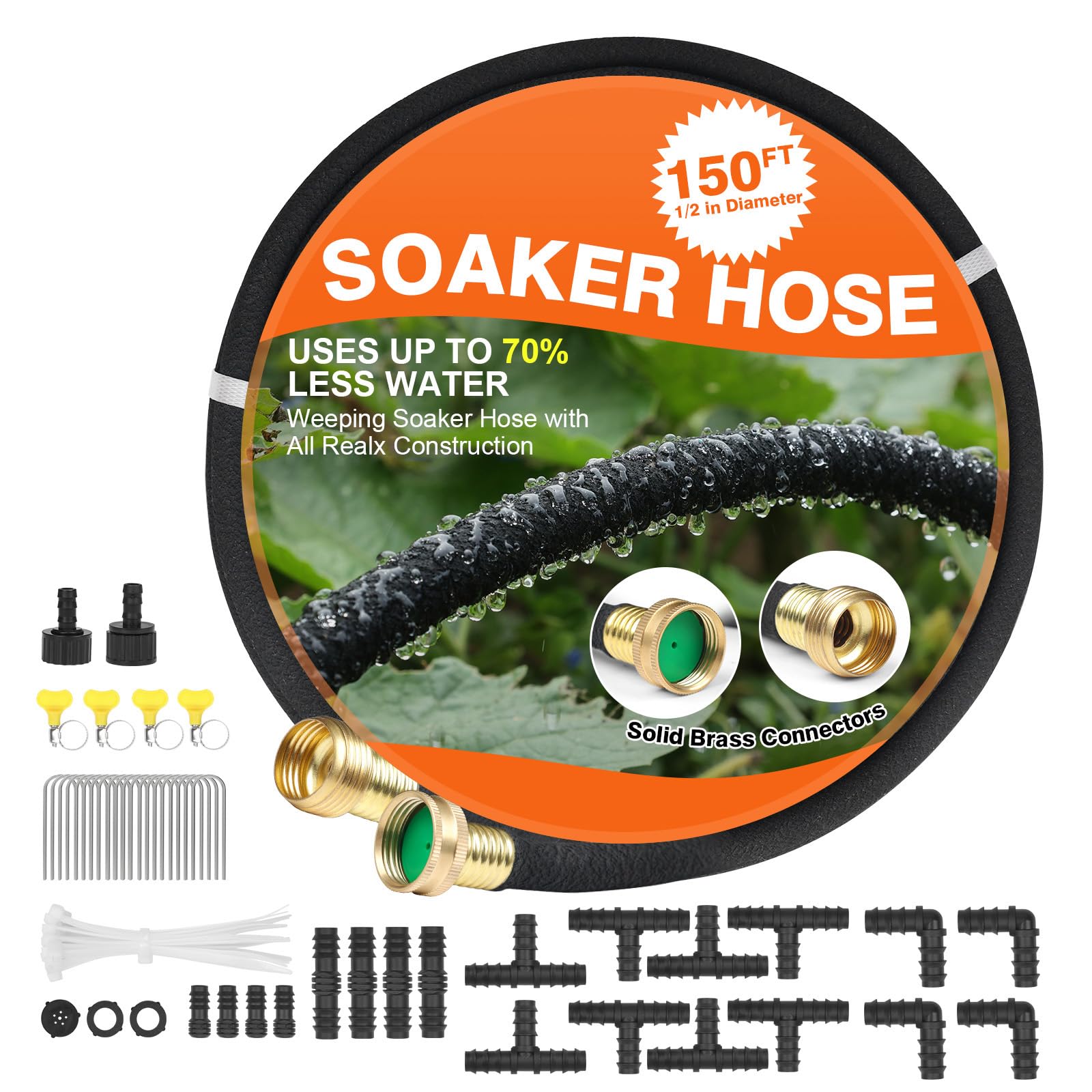 AIODE Soaker Hose 150ft with brass connectors for efficient lawn irrigation