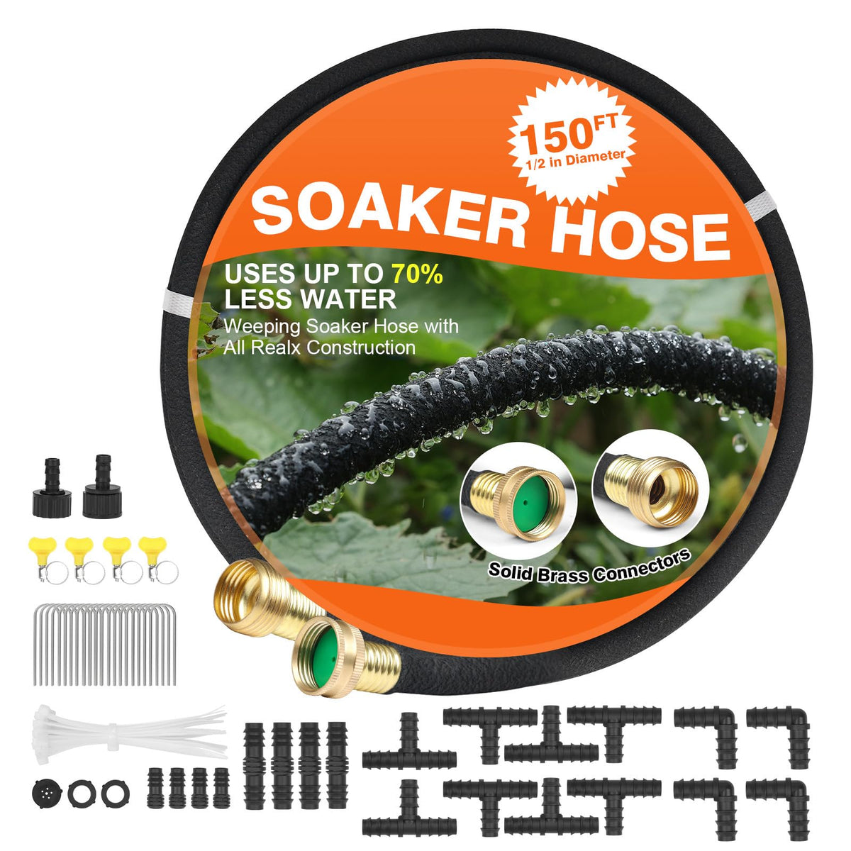 AIODE Soaker Hose 150ft with brass connectors for efficient lawn irrigation