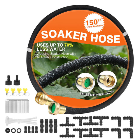AIODE Soaker Hose 150ft with brass connectors for efficient lawn irrigation