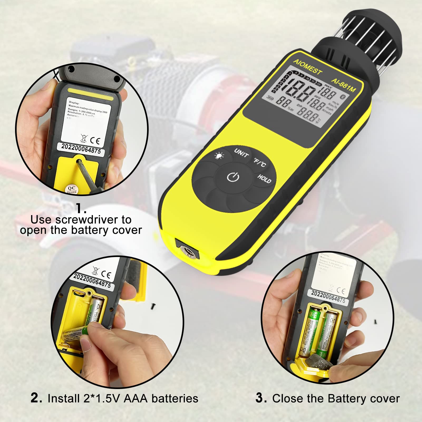 AIOMEST AI-881M compass helps align measurements with wind direction on site