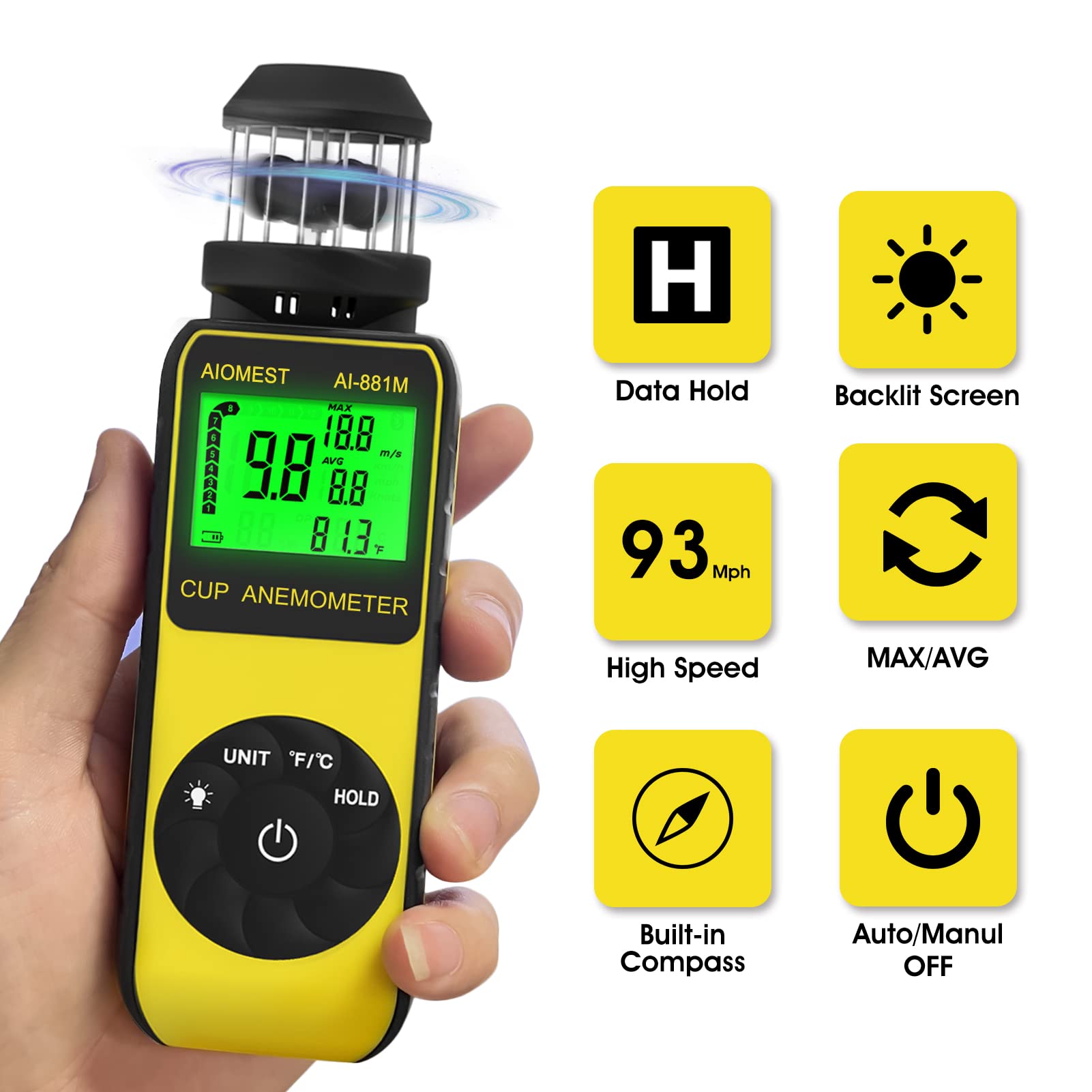 AIOMEST AI-881M digital display shows instant wind speed for on-site decisions