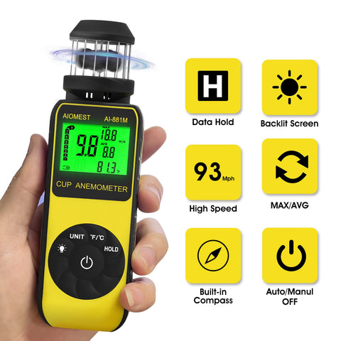 AIOMEST AI-881M digital display shows instant wind speed for on-site decisions