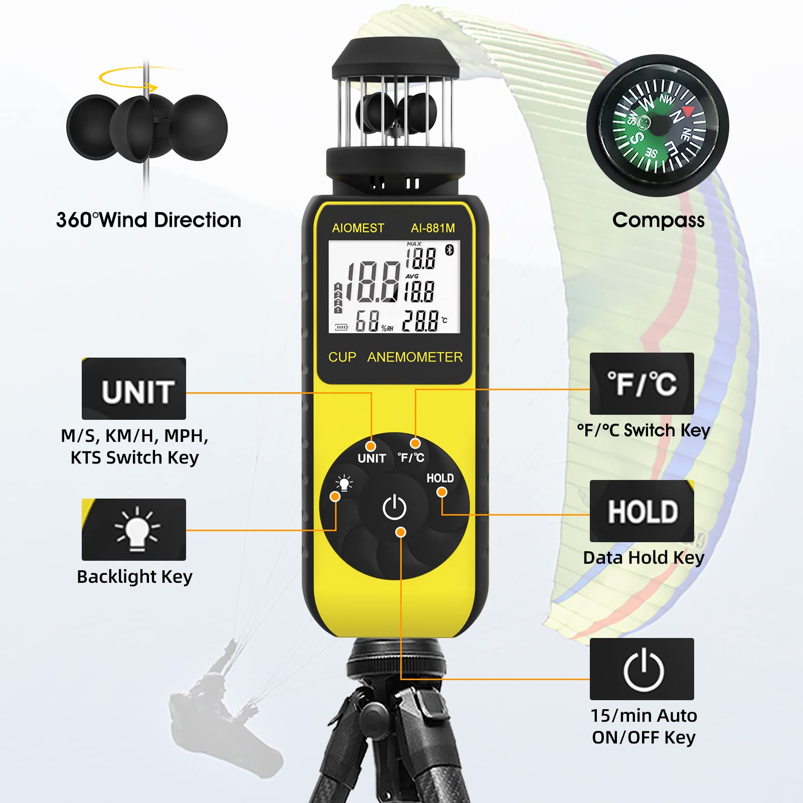 AIOMEST AI-881M tripod-mount hole enables steady wind tracking during field work