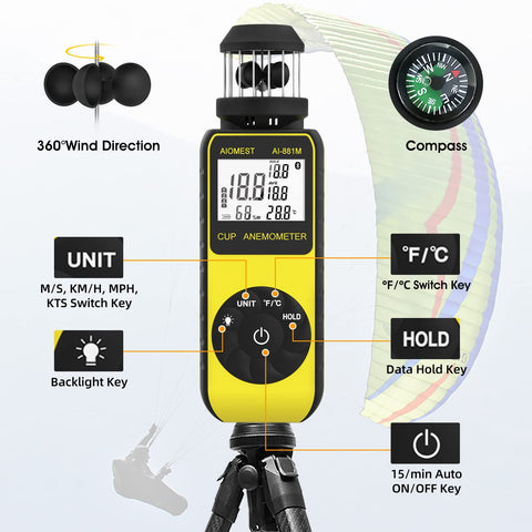 AIOMEST AI-881M tripod-mount hole enables steady wind tracking during field work