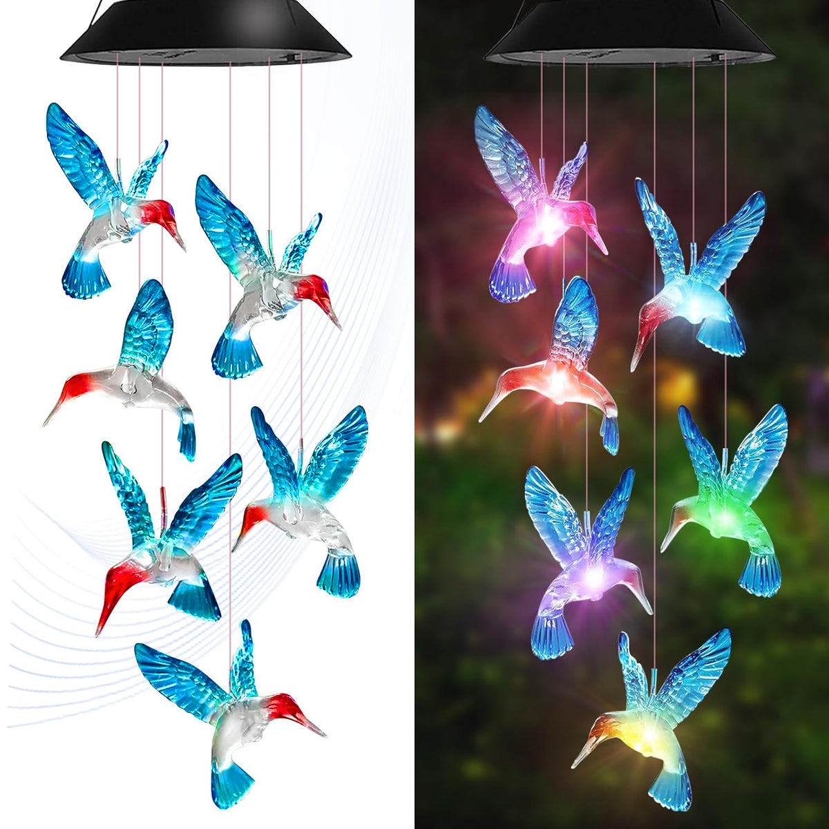 AIONASA hummingbird solar wind chimes glow blue light at night