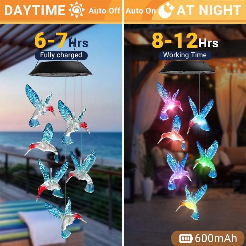 AIONASA hummingbird wind chimes cycle through colors for outdoor charm