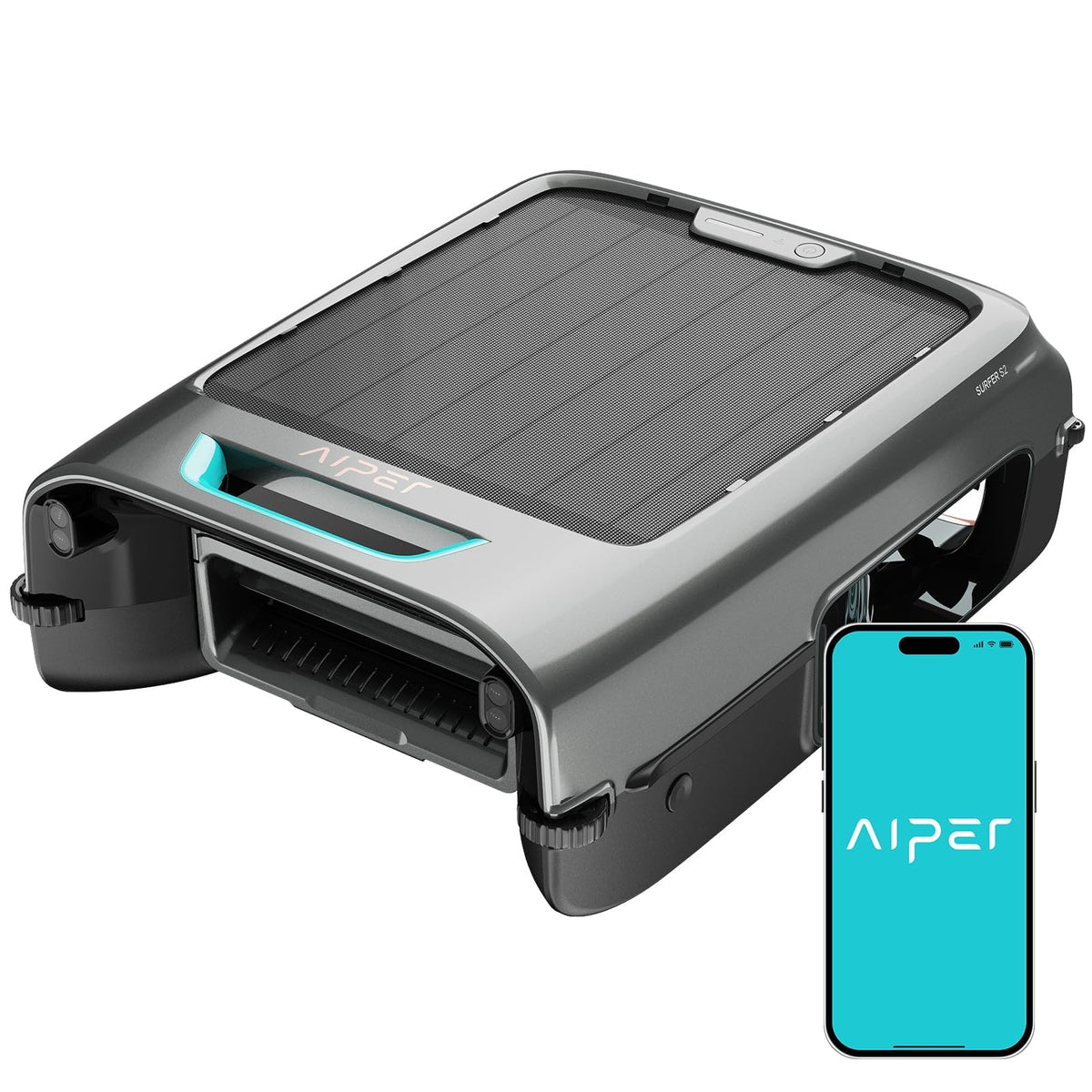 Aiper EcoSurfer S2 solar panel view showing renewable charging for continuous cleaning