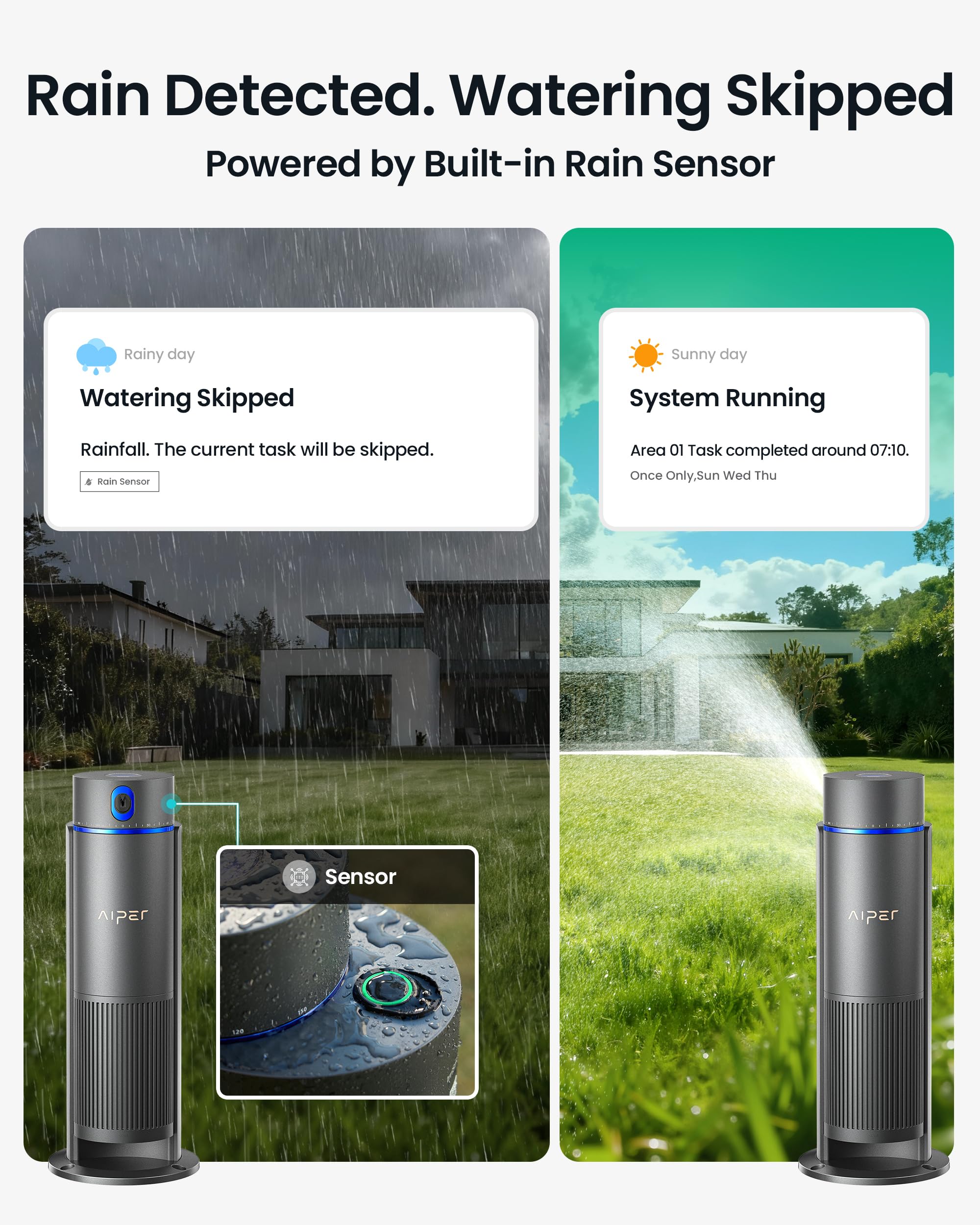 Aiper IrriSense 2 rain sensor helps skip watering during rain.