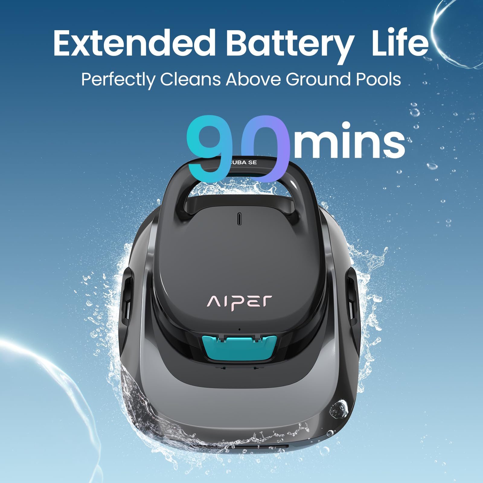 Aiper Scuba SE cordless pool cleaner 90-minute battery supports extended cleaning sessions.