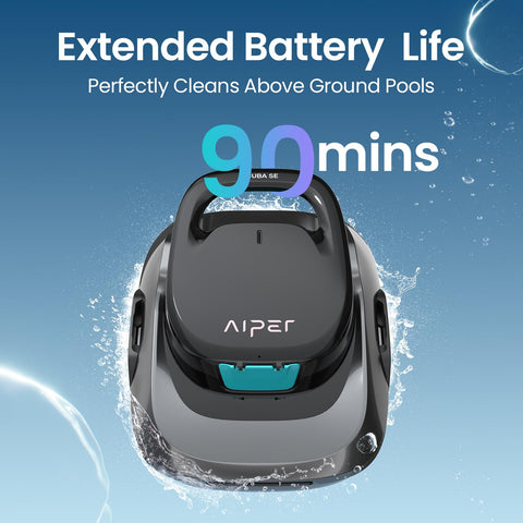 Aiper Scuba SE cordless pool cleaner 90-minute battery supports extended cleaning sessions.