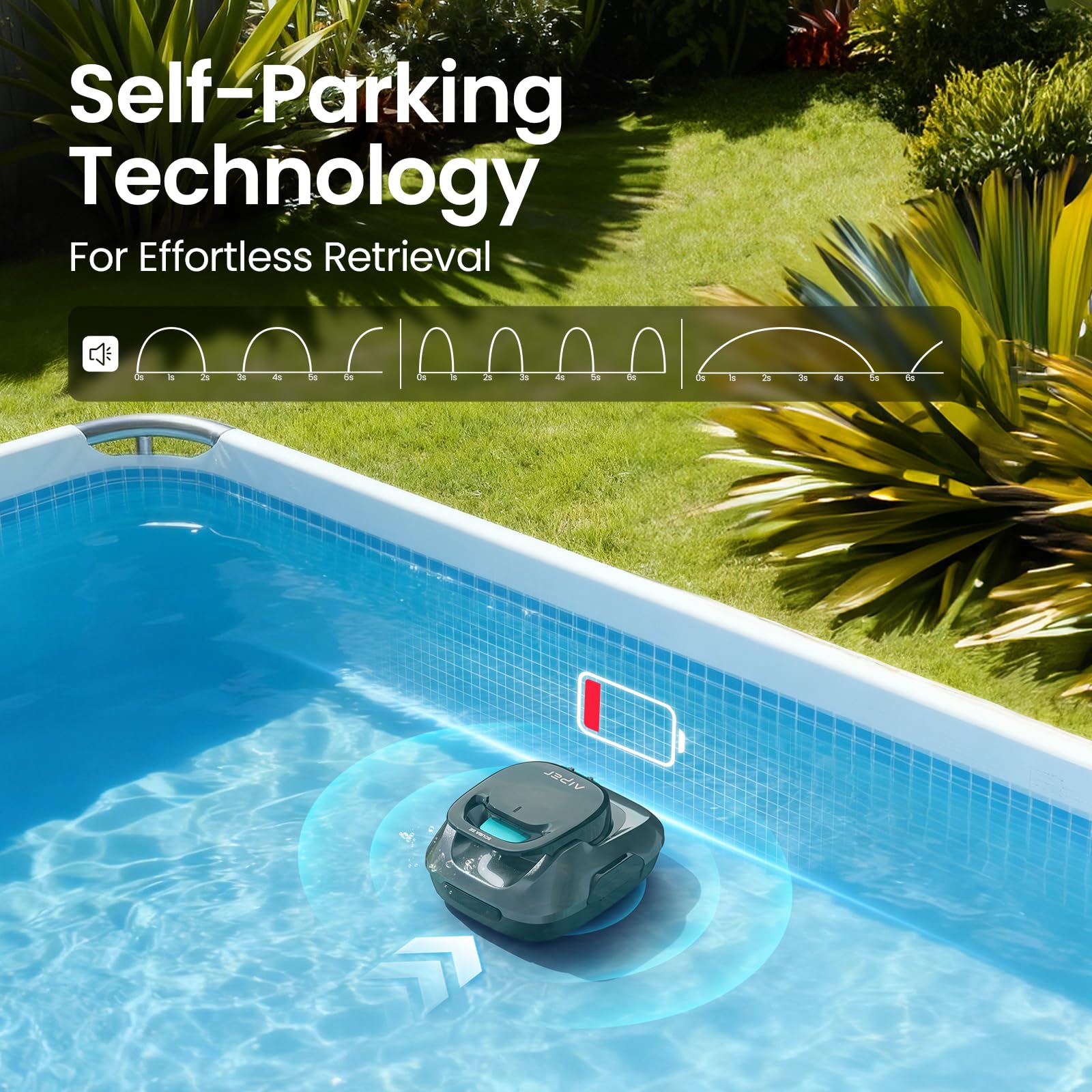 Aiper Scuba SE cordless pool cleaner in-water action shows debris pickup on the pool floor.