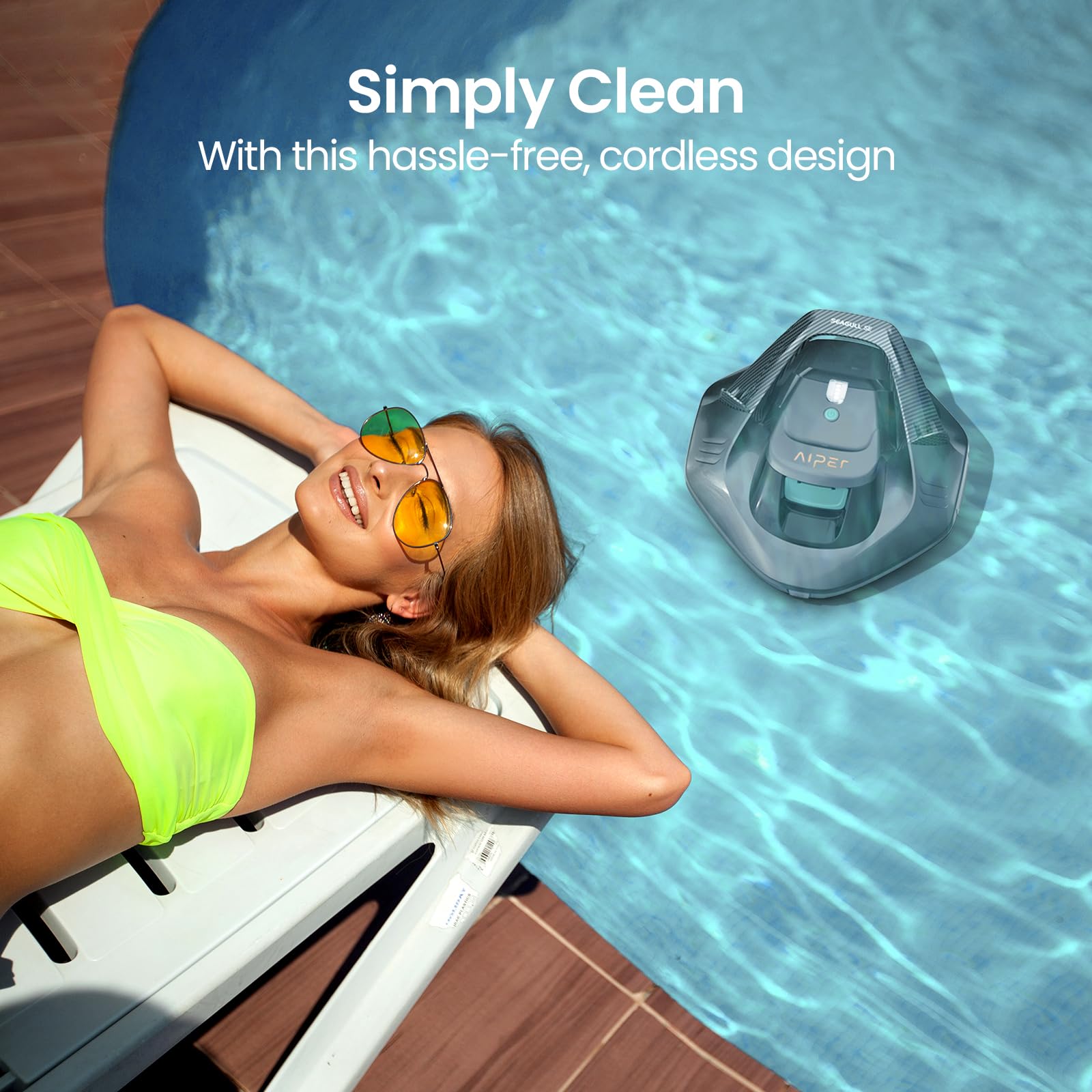 Aiper Seagull SE cleaning a round above-ground pool up to 33 feet in diameter.