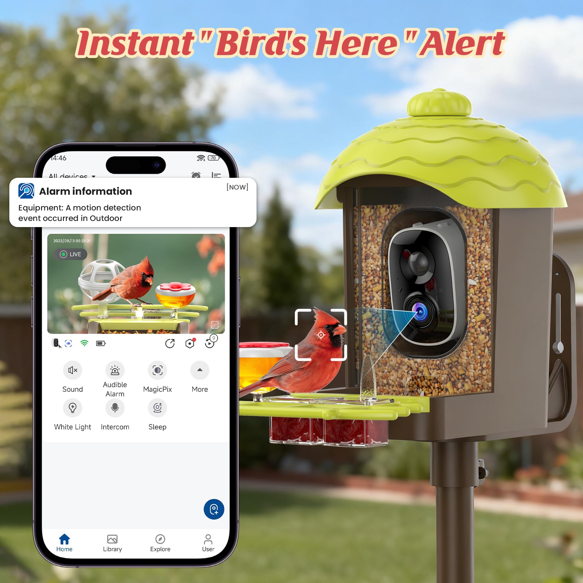 AiPoaaol squirrel-proof alarm helps protect feeder from garden visitors.