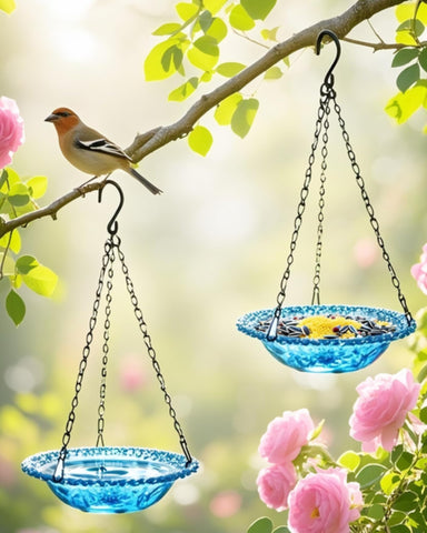 Aiqriwv Nature Blue hanging bird bath inviting birds to bathe