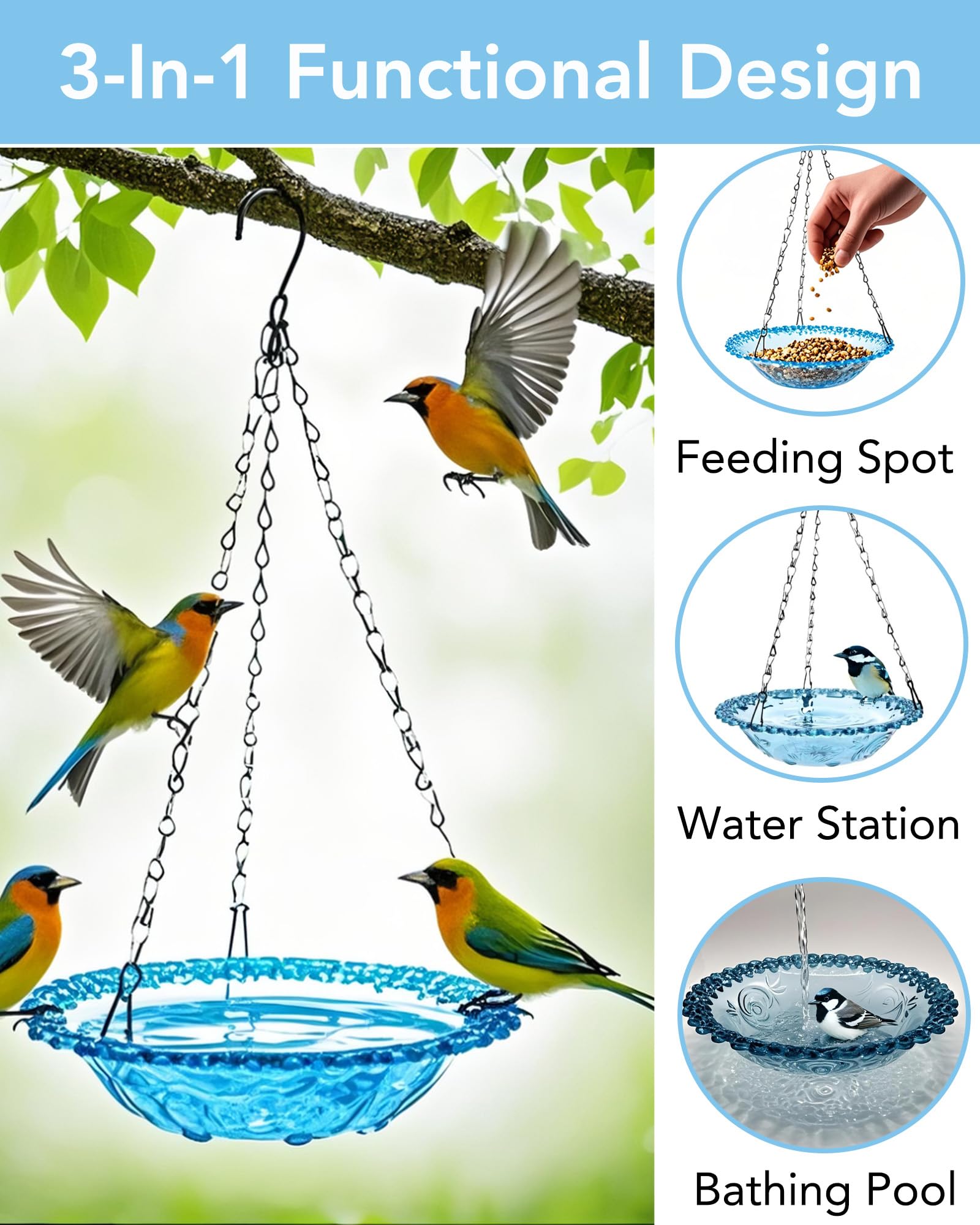 Aiqriwv Nature Blue hanging bird feeder attracting small songbirds