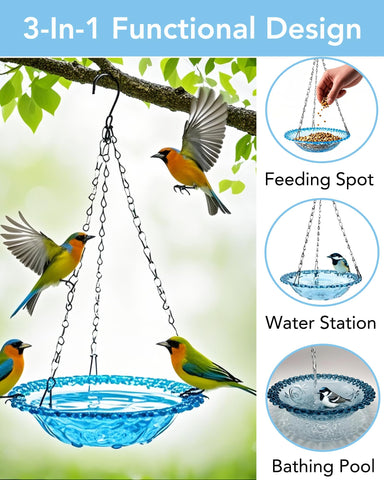 Aiqriwv Nature Blue hanging bird feeder attracting small songbirds