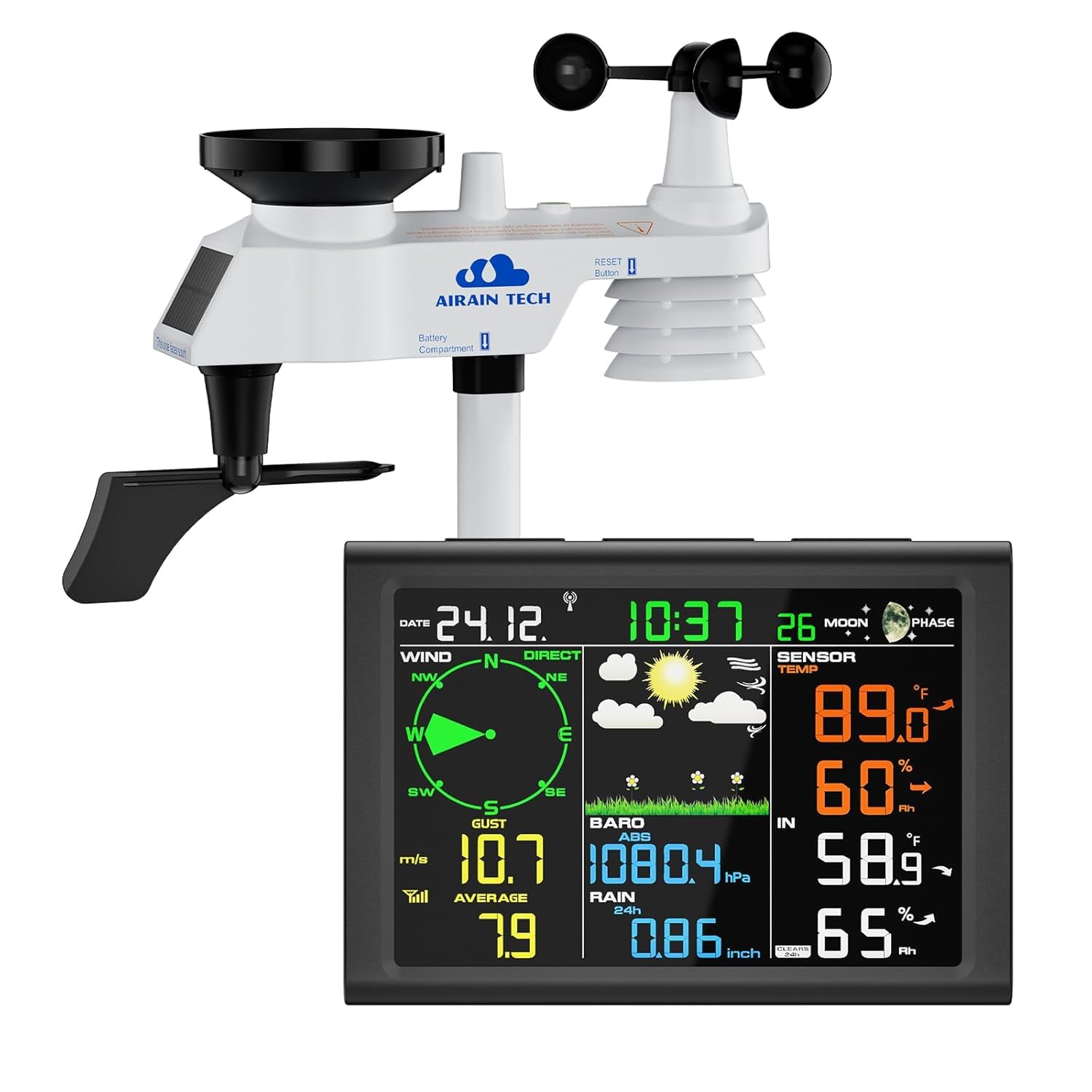 Airain Tech 10-in-1 weather station display console showing local forecast and readings.