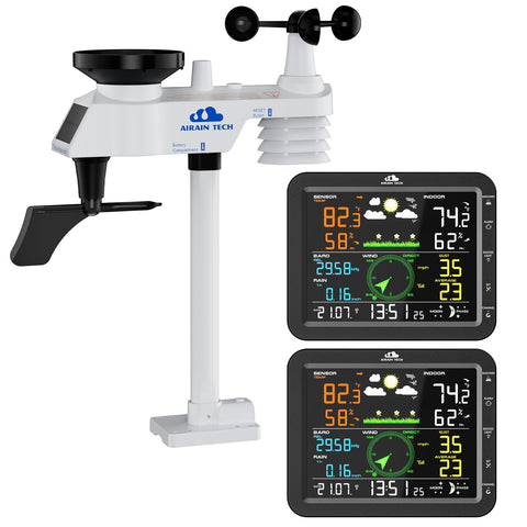 AIRAIN TECH 10-in-1 weather station dual display shows indoor and outdoor data for quick planning.