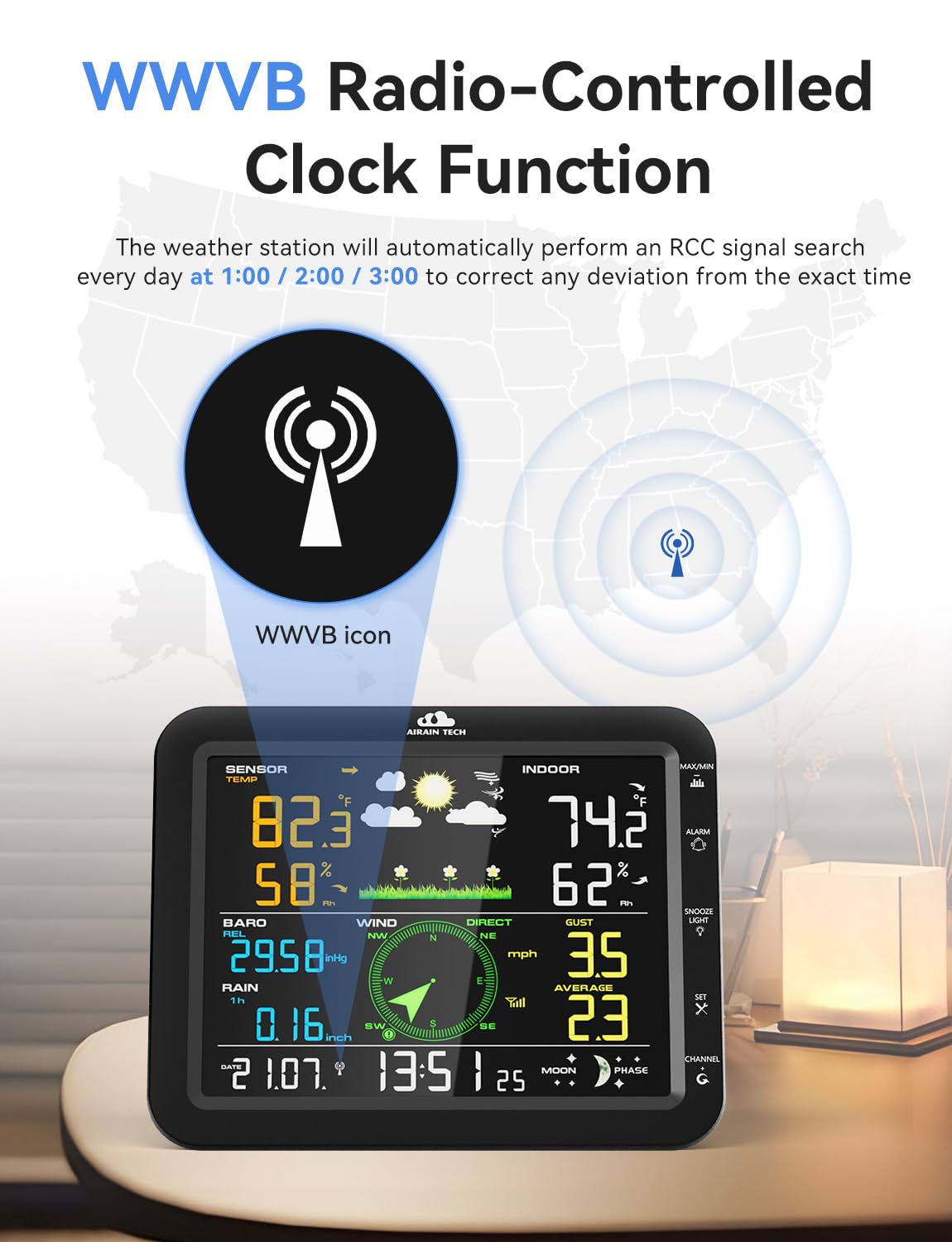 Airain Tech barometer displays pressure trends for weather awareness.