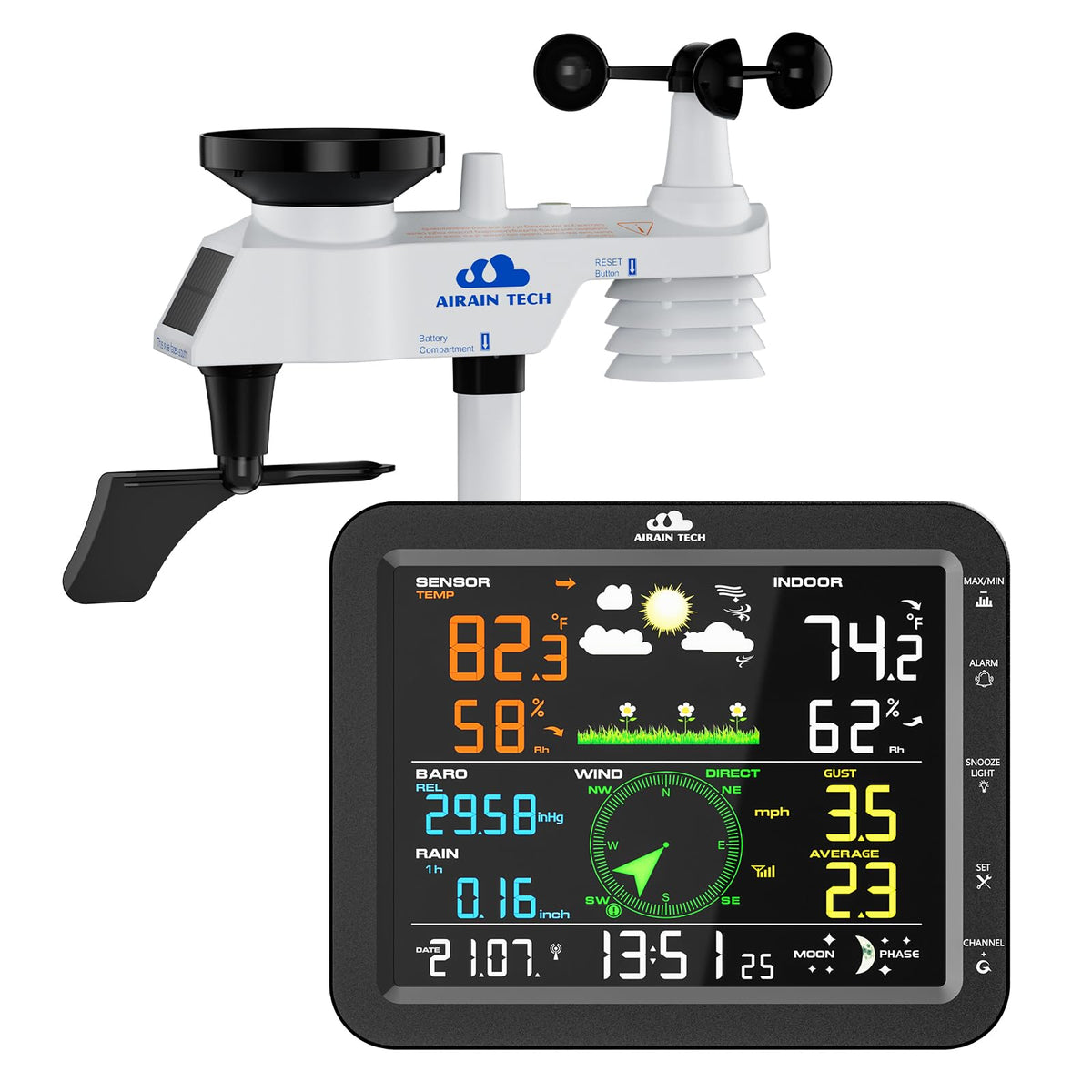 Airain Tech weather station display console shows indoor and outdoor data with forecast at a glance.