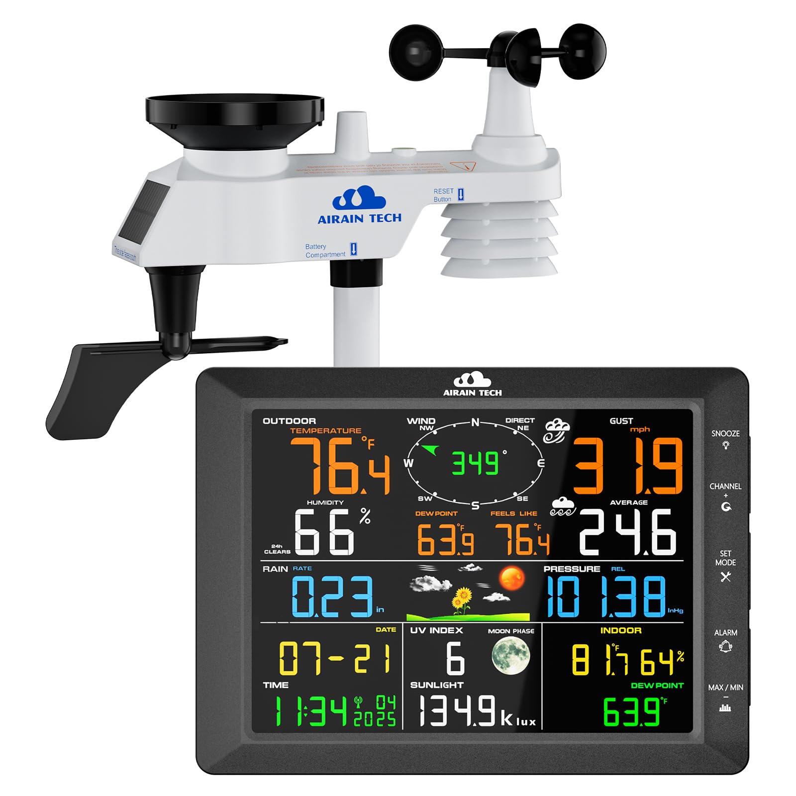 Airain Tech 14-in-1 weather station display console with clear, hyper-local data for quick planning.