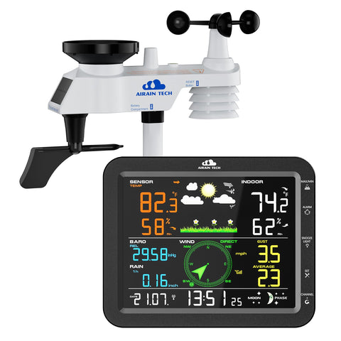 Airain Tech weather station display console shows indoor and outdoor data with forecast at a glance.