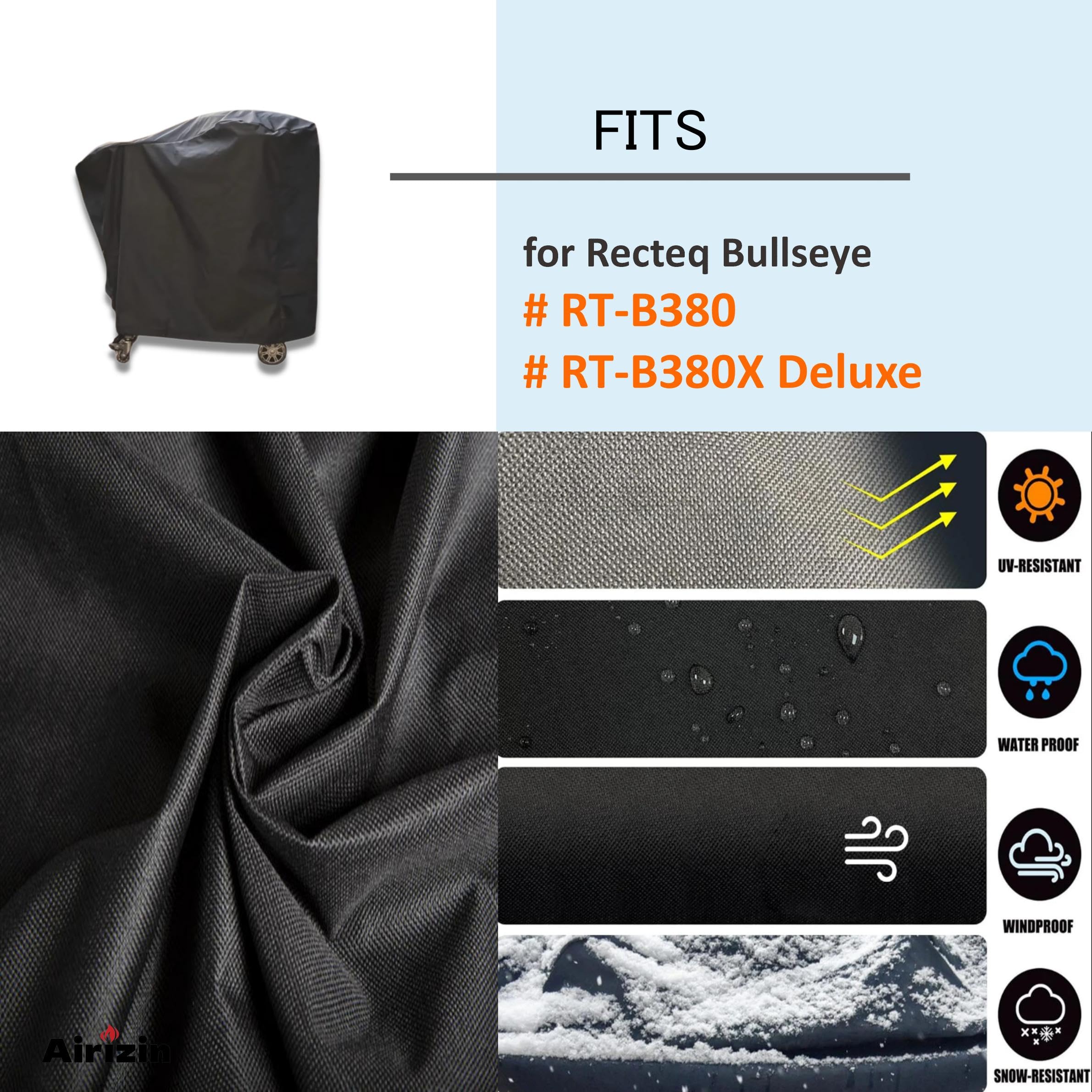 Airizin 600D material panel demonstrates heavy-duty water resistance.