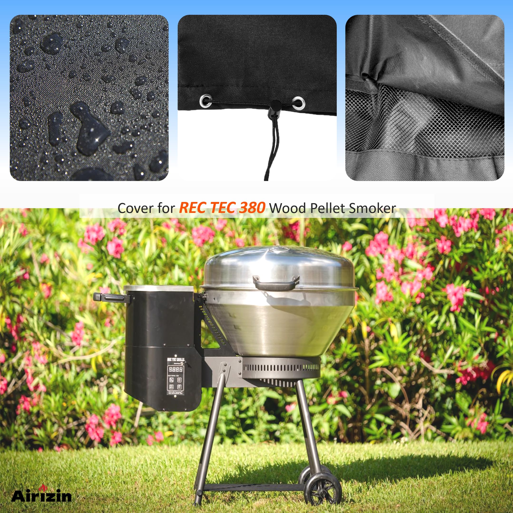 Airizin all-weather pellet grill cover designed for outdoor use.