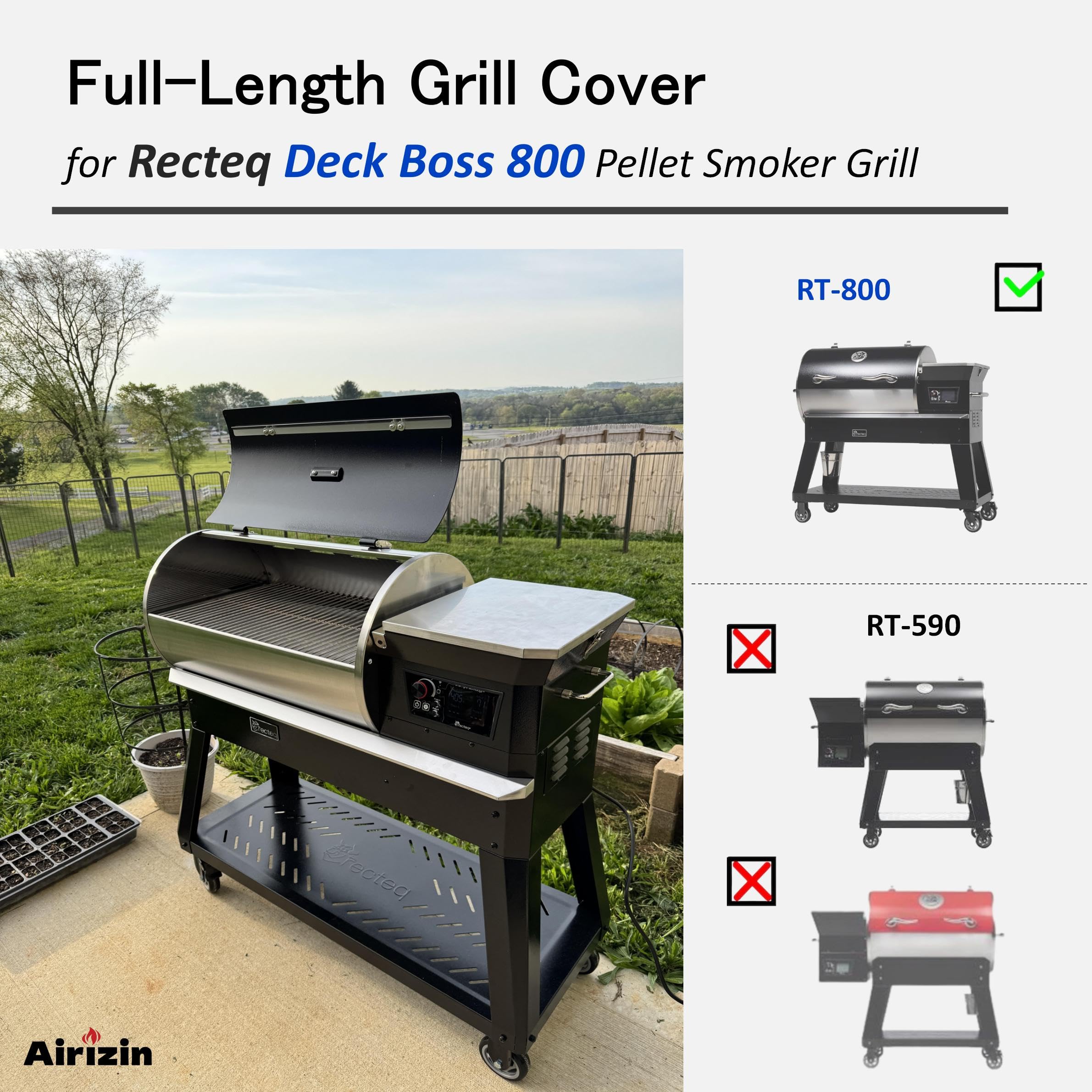 Airizin Deck Boss 800 back view demonstrates full-length cover for complete grill protection.